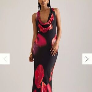 Anthropologie Gracie cowl neck, Elegant Black and Red Floral Women's  maxi dress